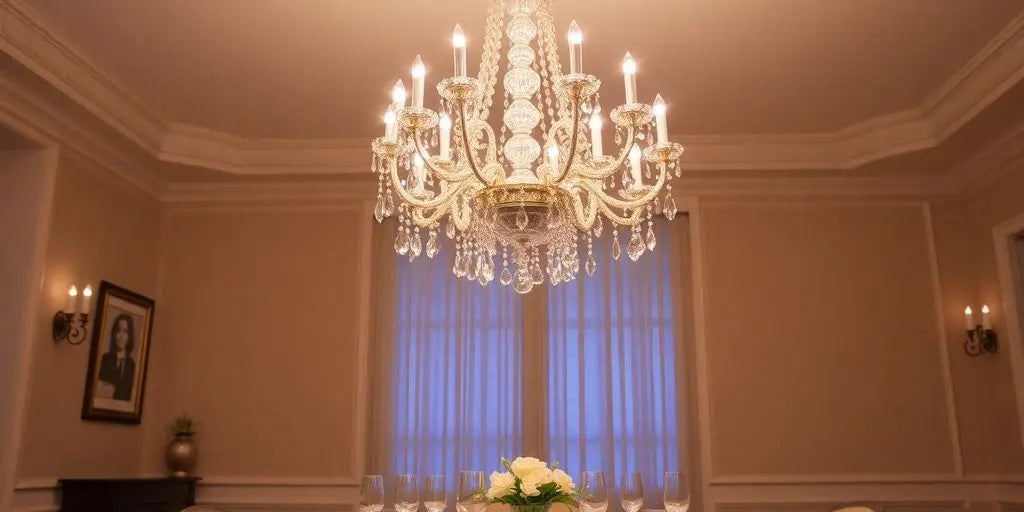 Elegant chandelier illuminating a stylish dining room.