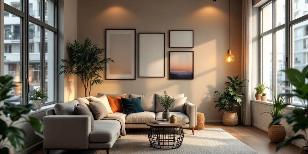 Stylish apartment interior with warm lighting and furnishings.