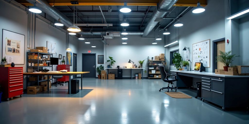 Bright industrial workspace with affordable lighting fixtures.