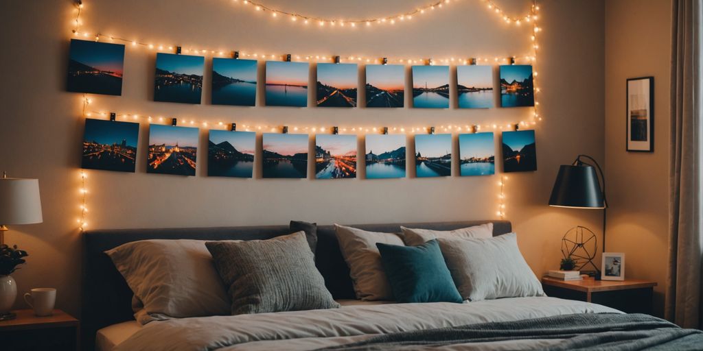 Handmade wall art in a cozy bedroom setting.