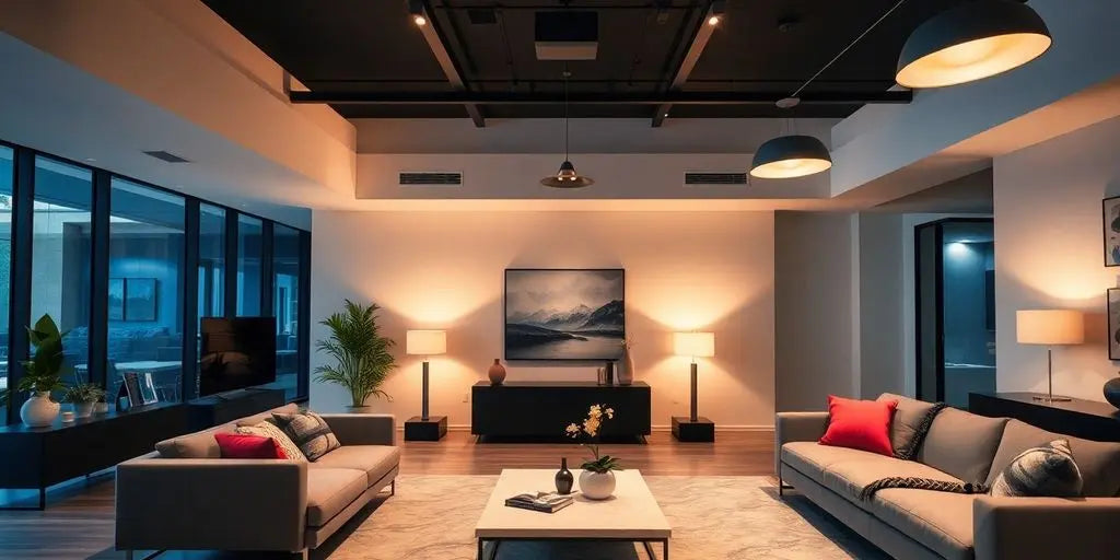 Modern living room with stylish lighting fixtures and decor.
