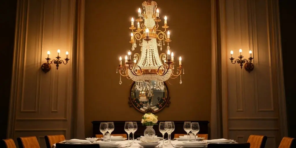 Elegant chandelier above a beautifully set dining table.