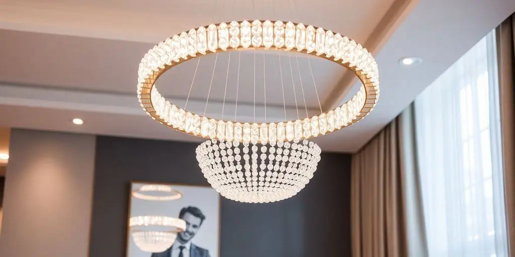 Elegant crystal ring pendant light in modern interior.