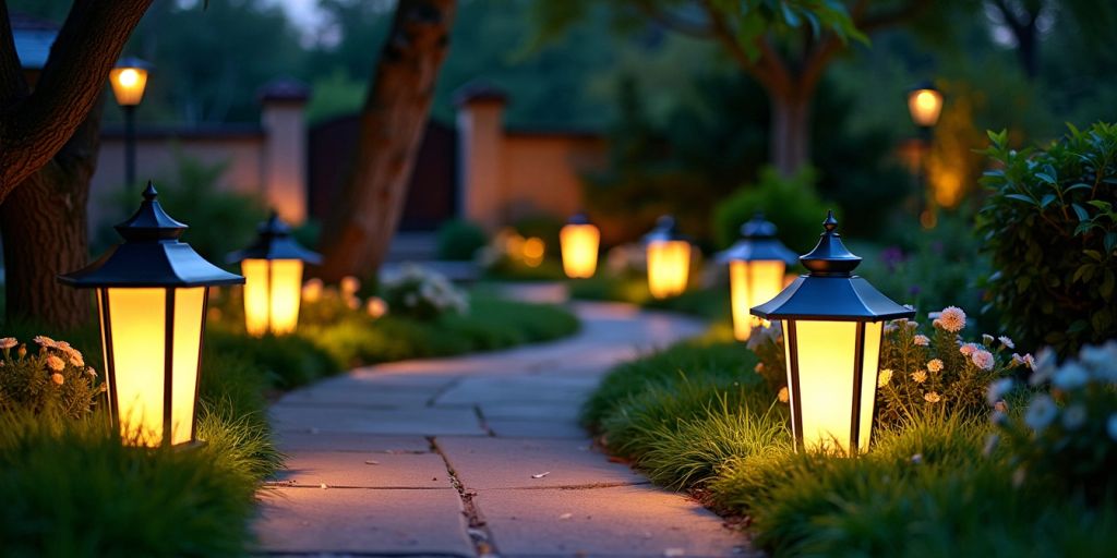 Stylish outdoor lamps illuminating a garden pathway at night.