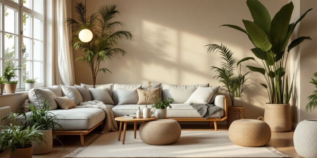 Eco-friendly home decor with plants and natural materials.
