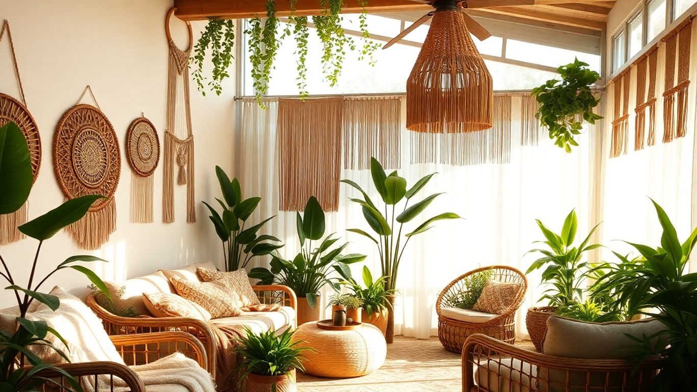 Boho living room with plants and textured decor.