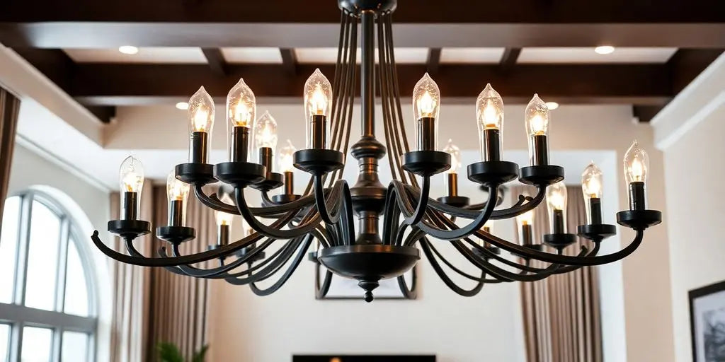 Black modern chandelier in a stylish interior setting.