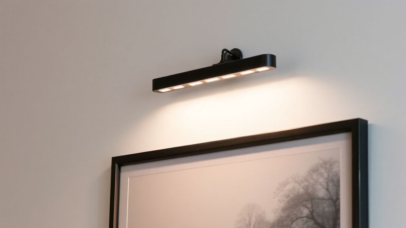Battery LED picture light illuminating artwork on a wall.