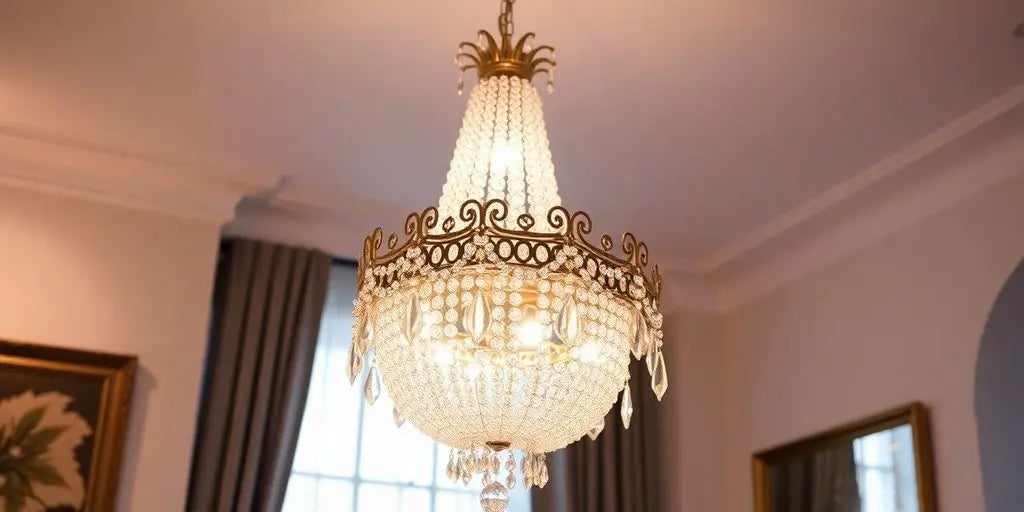 Elegant chandelier with sparkling crystals in stylish interior.