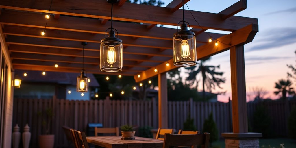 Outdoor patio with waterproof pendant lights at dusk.