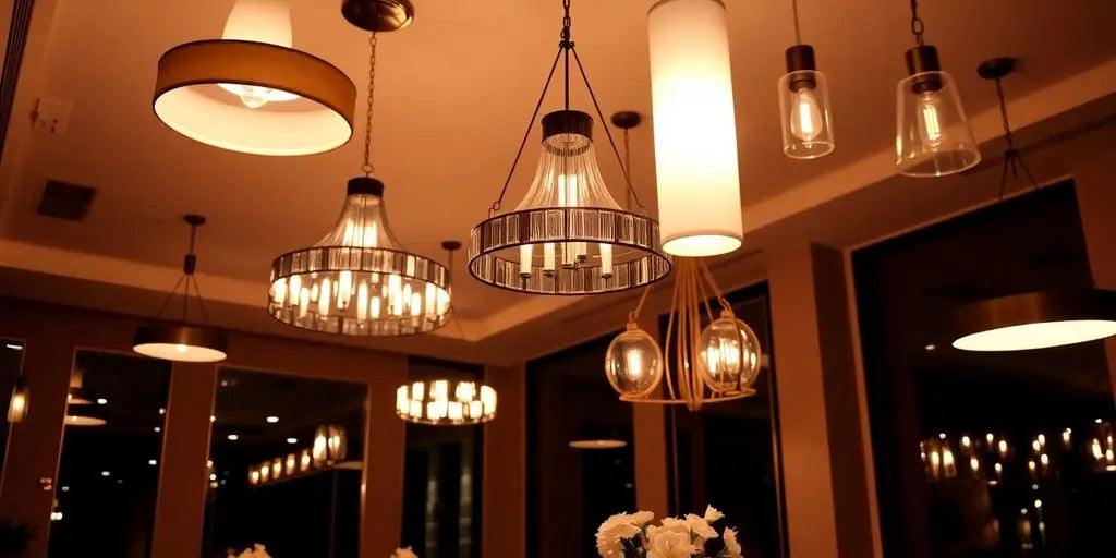 Modern chandeliers and pendant lights in a stylish room.