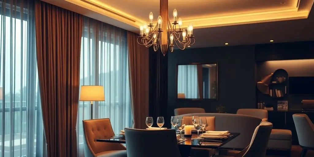 Modern dining area with an elegant chandelier overhead.