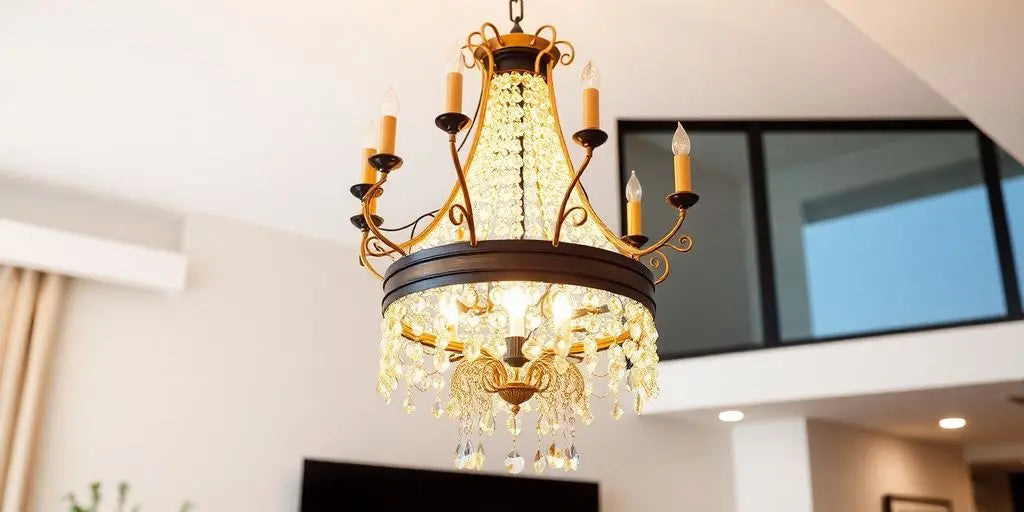 Elegant gold and black chandelier in a modern setting.