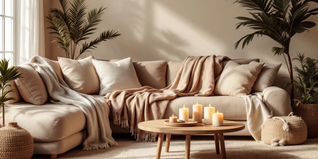 Cozy living room with soft textiles and warm lighting.