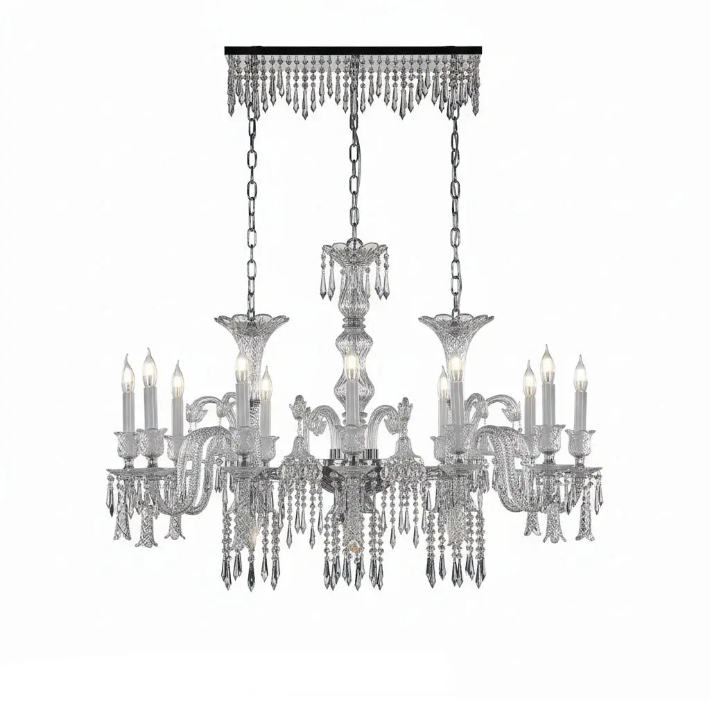 Crystal chandelier with multiple lights on a black background