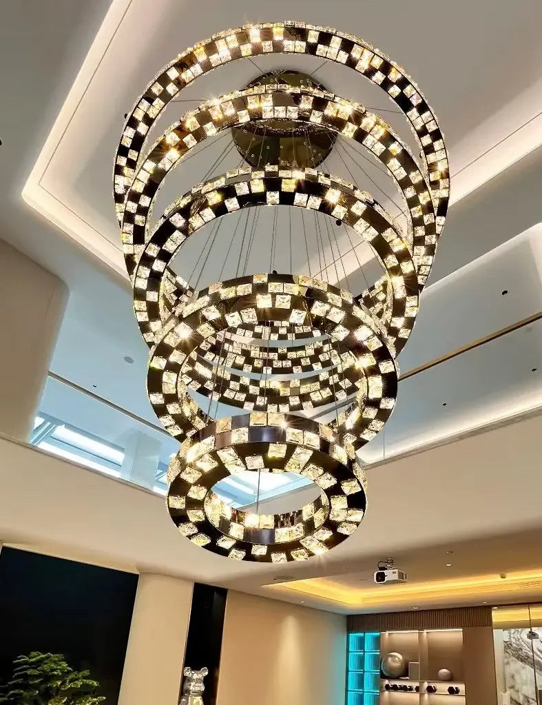 Modern Circular LED Crystal Pendant Light 5-Ring Black Stainless Steel Fixture for Luxury Villa or Large Home for Living Room ChandeliersLife®