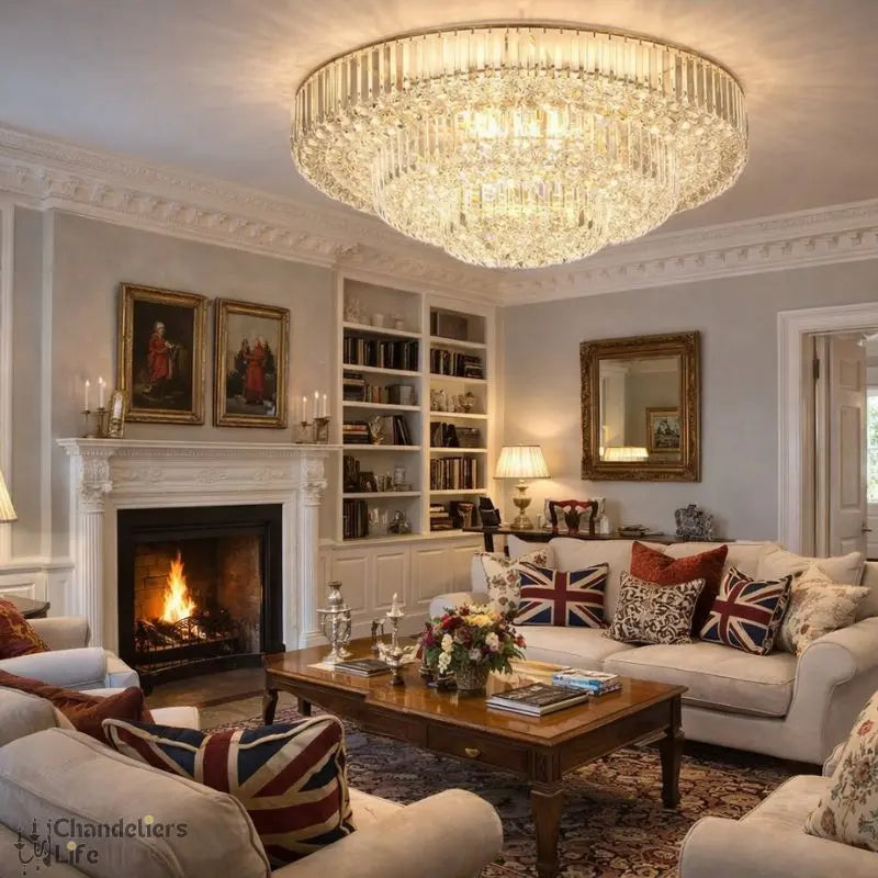 Luxurious living room with a chandelier, fireplace, and decorative pillows.