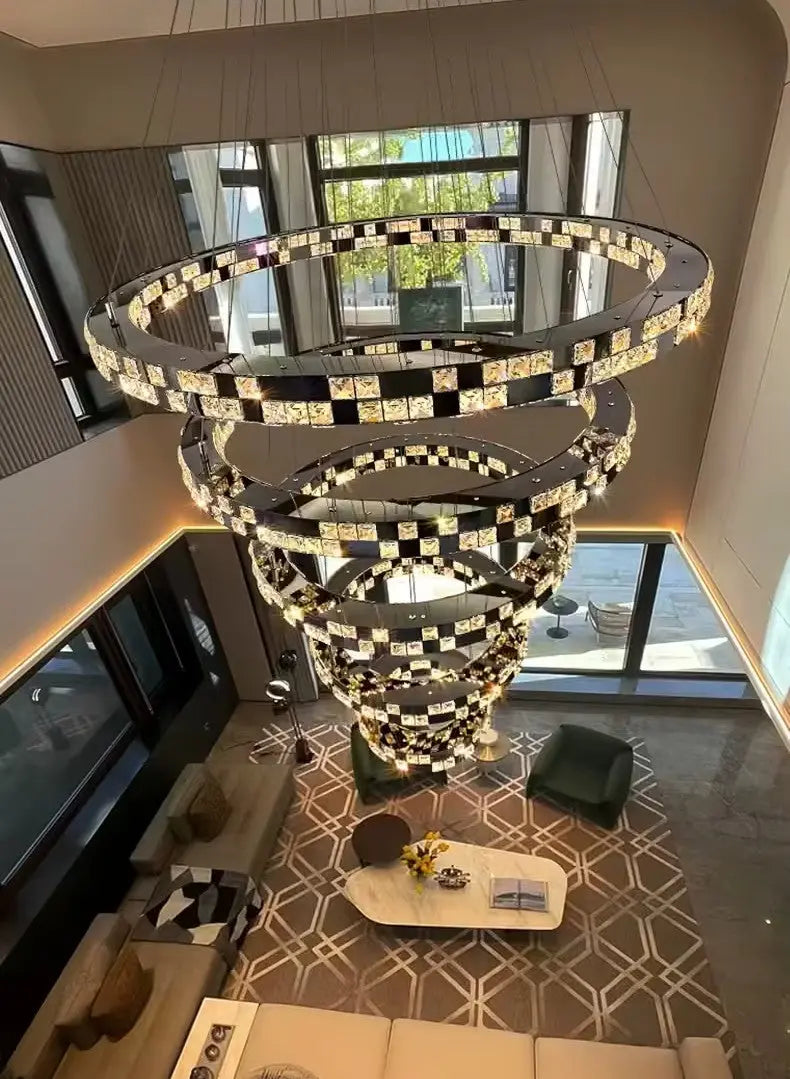 Modern Circular LED Crystal Pendant Light 5-Ring Black Stainless Steel Fixture for Luxury Villa or Large Home for Living Room ChandeliersLife®