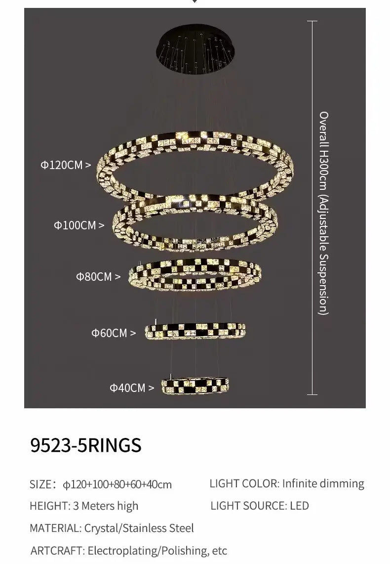 Modern Circular LED Crystal Pendant Light 5-Ring Black Stainless Steel Fixture for Luxury Villa or Large Home for Living Room ChandeliersLife®