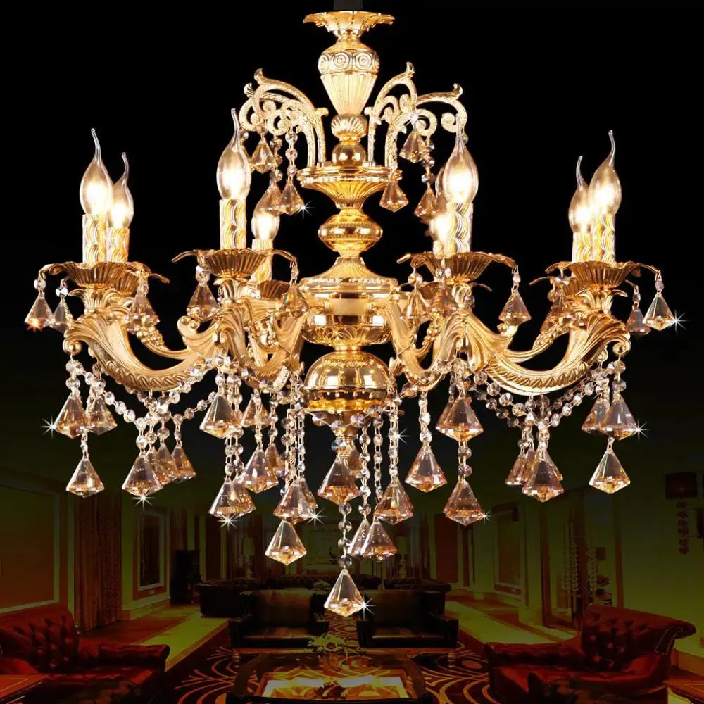 European luxury golden staircase hotel lobby zinc alloy candle chandelier lamps villa living room dining room E14 lights ChandeliersLife®