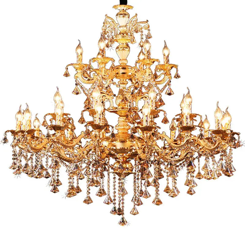 European luxury golden staircase hotel lobby zinc alloy candle chandelier lamps villa living room dining room E14 lights ChandeliersLife®