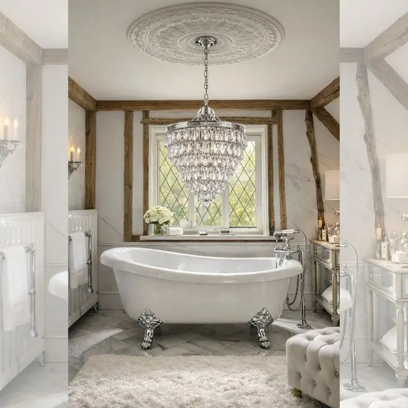 Luxurious bathroom with a chandelier, freestanding bathtub, and decorative elements.