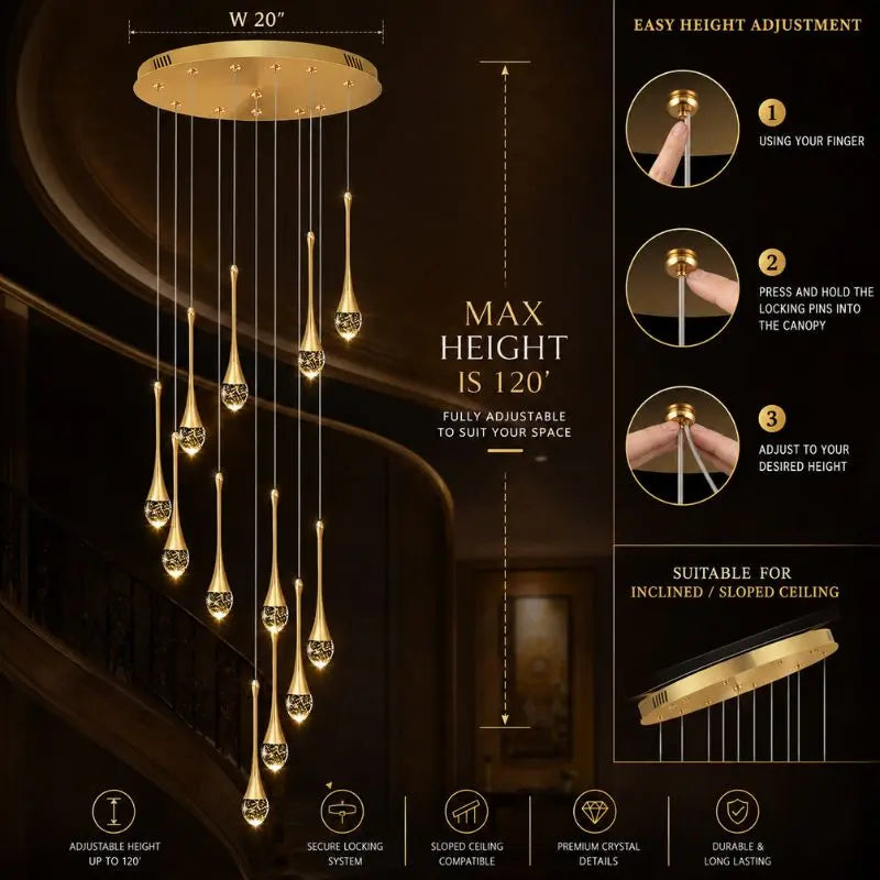 Luxury Crystal Staircase Chandelier | Modern Long Hanging LED Foyer Light