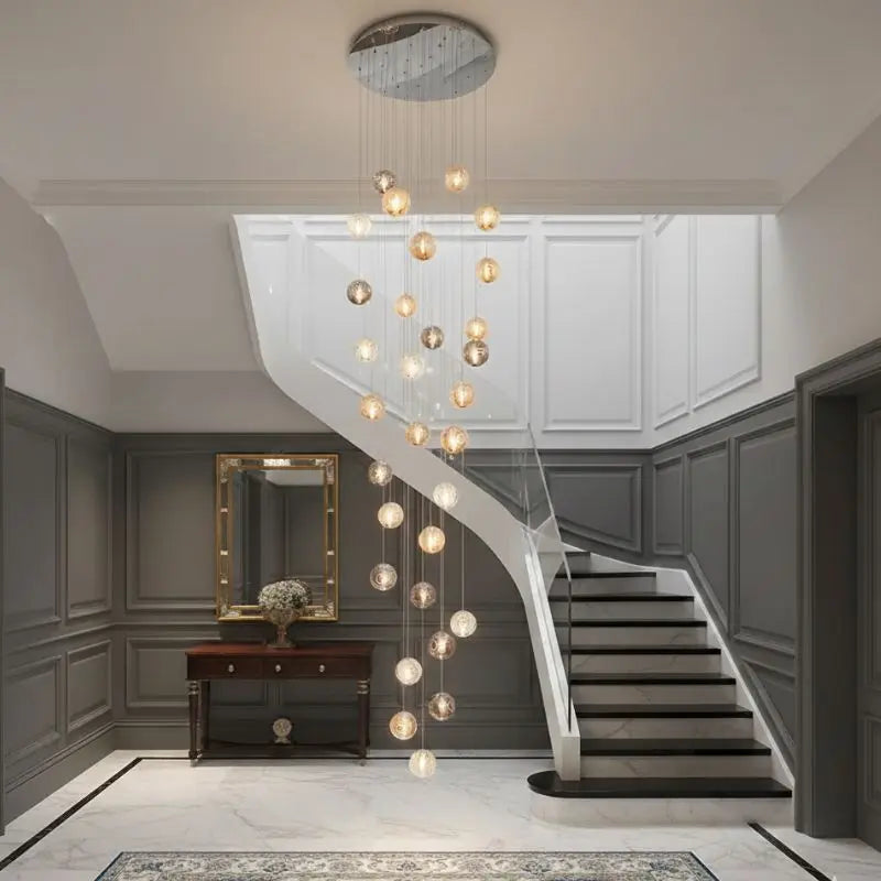 Modern chandelier hanging from a ceiling in a well-lit room