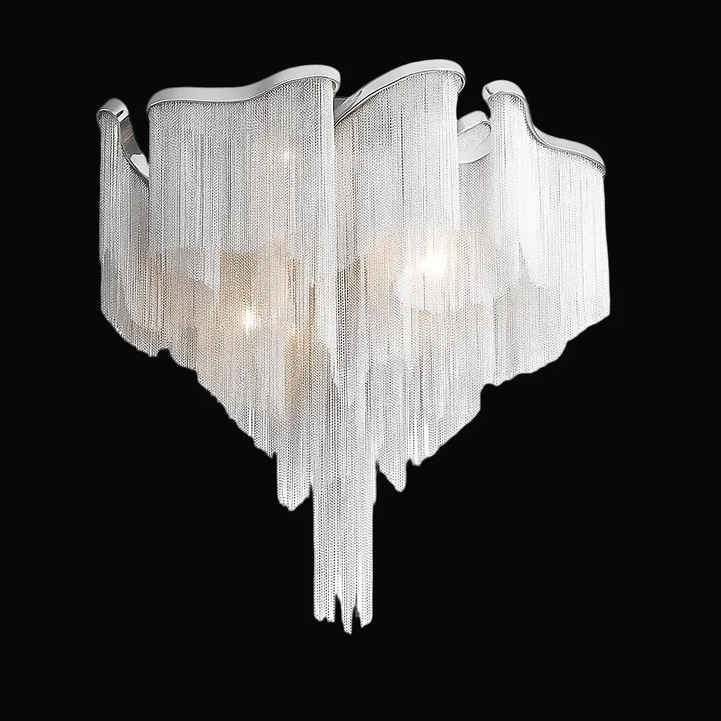 Modern ceiling light fixture with metallic finish and chain details on a white background