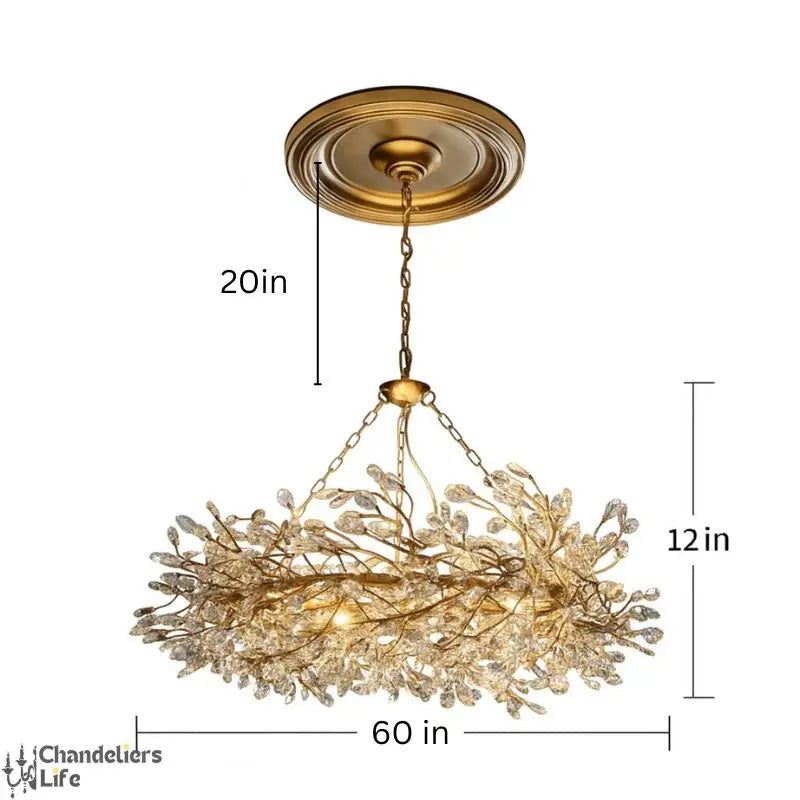 Gold chandelier with dimensions labeled on a white background