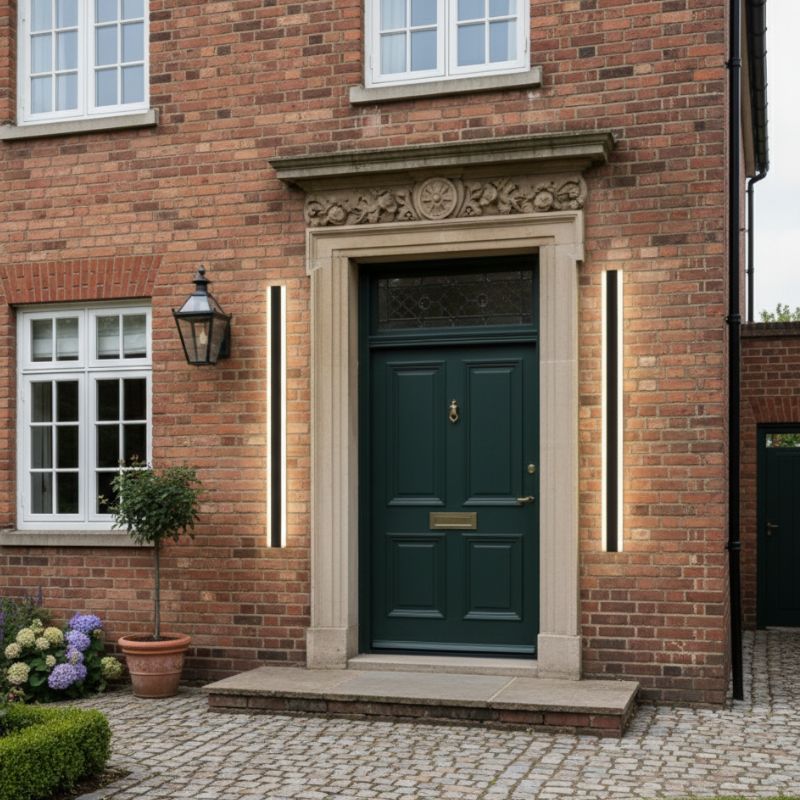 Green door on a brick house with decorative elements