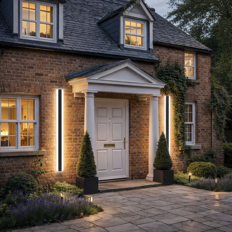 Brick house with illuminated windows and a white door at dusk.
