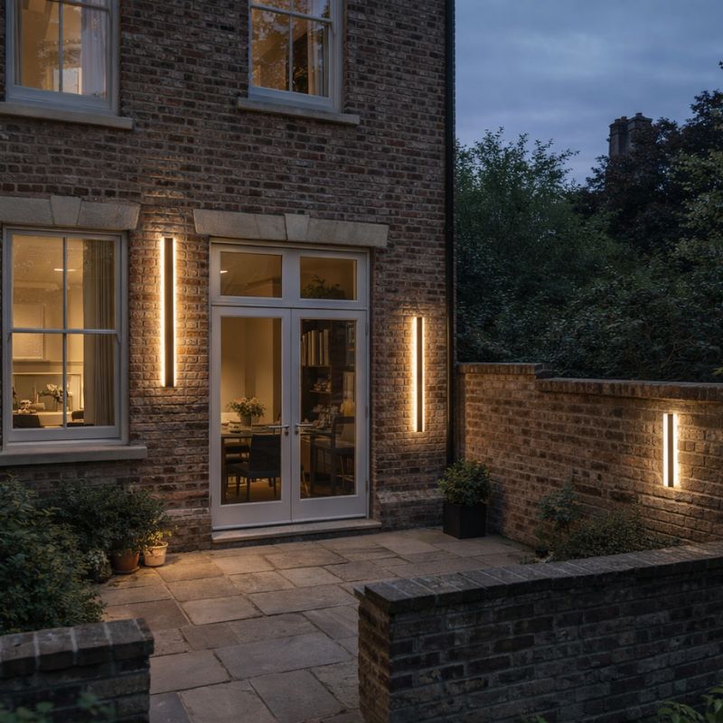 Brick house exterior with illuminated windows and outdoor lighting
