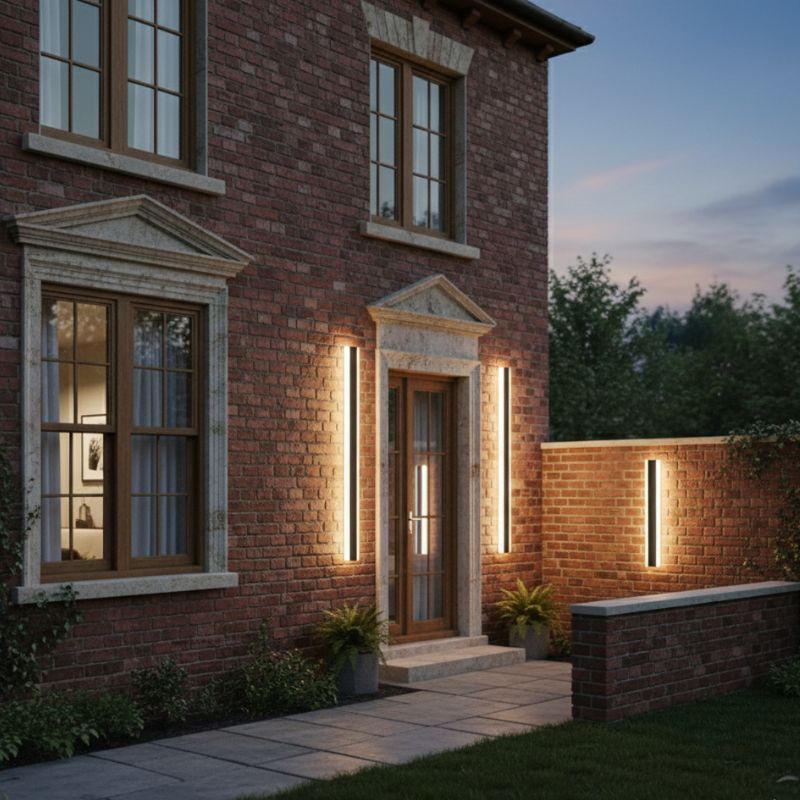 Brick house with illuminated windows and outdoor lights at dusk