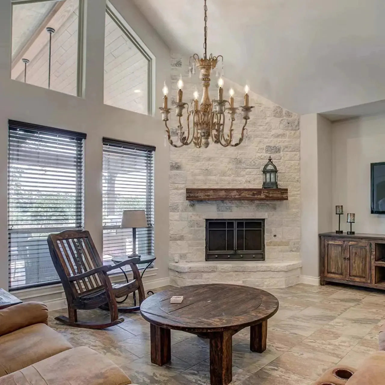 French Wood Art Vintage Chandelier