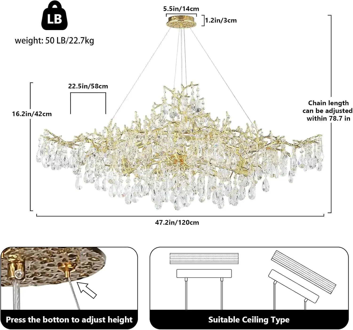Chandelier with dimensions and weight information on a white background