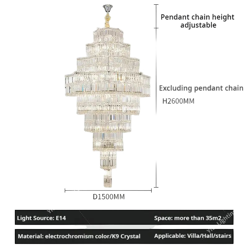 Crystal chandelier with dimensions and specifications on a gray background