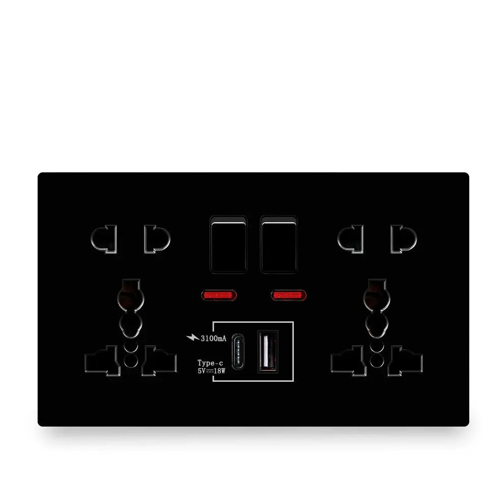 Black electrical outlet with multiple sockets and USB ports on a white background, featuring the brand 'Delviz'.