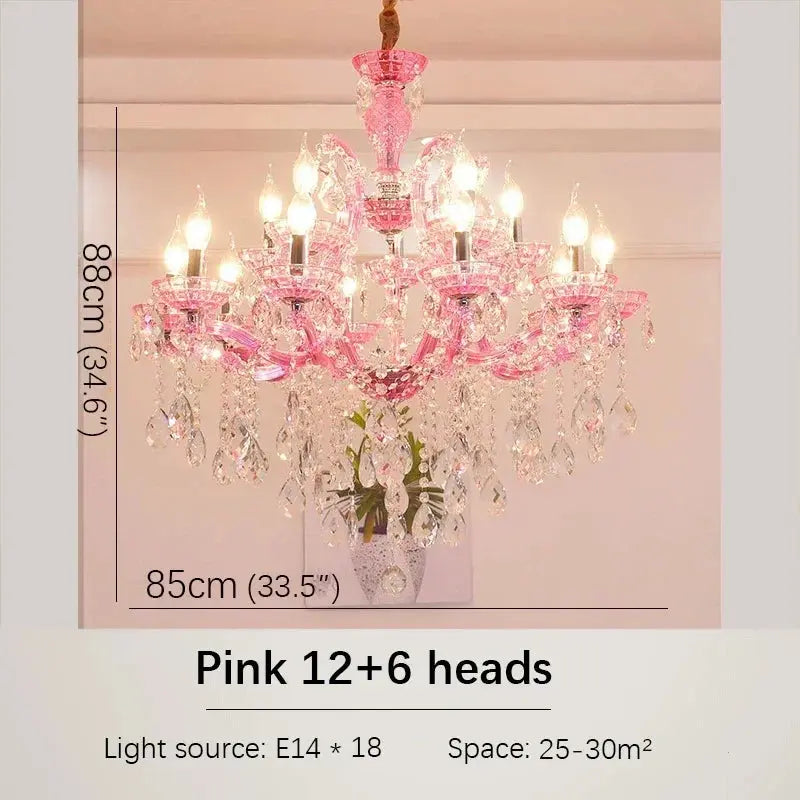 Pink chandelier with measurements and light source details on a white background