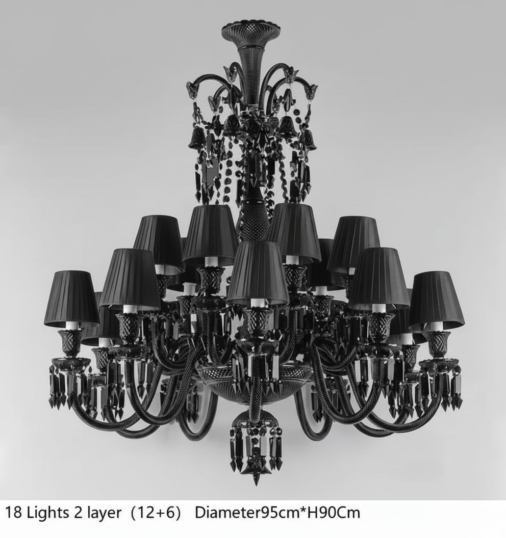 Black chandelier with 18 lights on a gray background