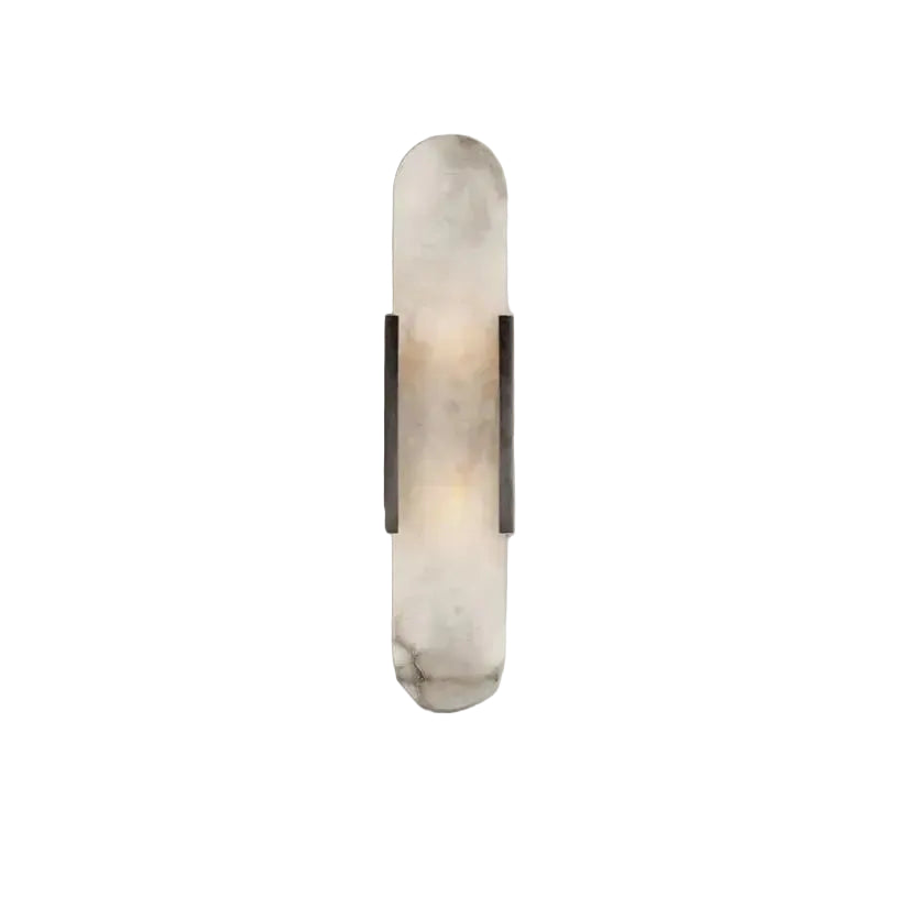 A modern wall-mounted sconce with a vertically oriented oval frame, featuring a translucent off-white stone or acrylic diffuser with subtle gray marbling and a warm light glow, flanked by two dark metallic side bars, shown against a solid light gray background.