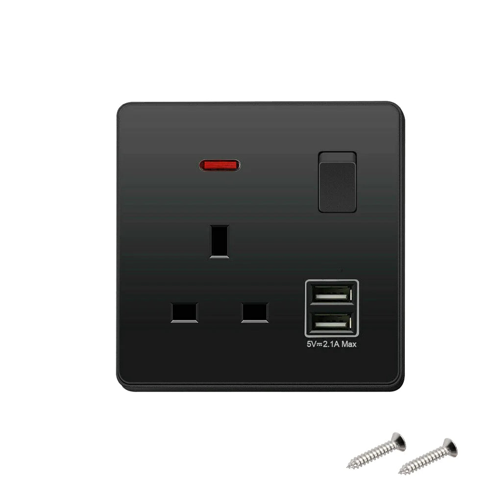 Dual-Wall Plug Socket 3A with 2 USB Charging Ports and Flat Plate - UK Standard
