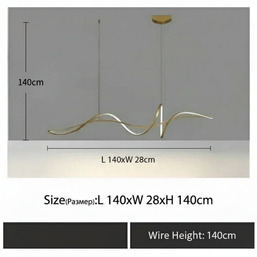 Modern pendant light with dimensions displayed on a gray background