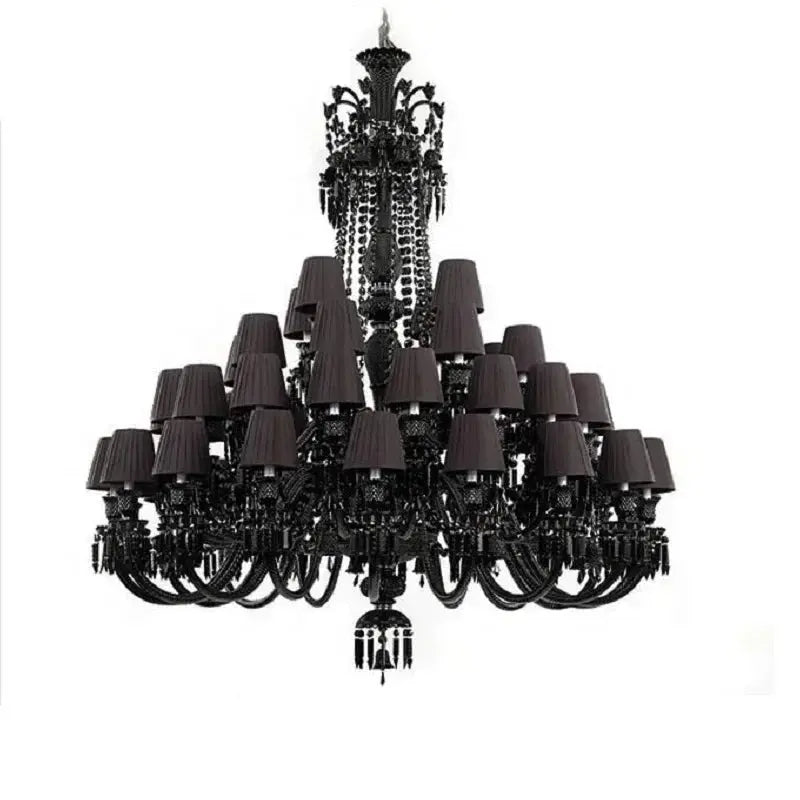 Black chandelier with dark lampshades on a white background