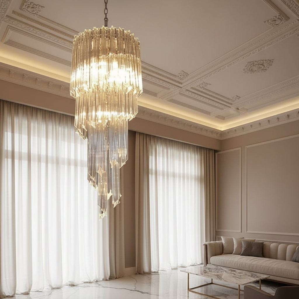A large modern chandelier with cascading clear glass crystal prisms and warm white lights, hanging in a contemporary loft-style living room with a concrete ceiling, brick accent wall, and gray sofa.