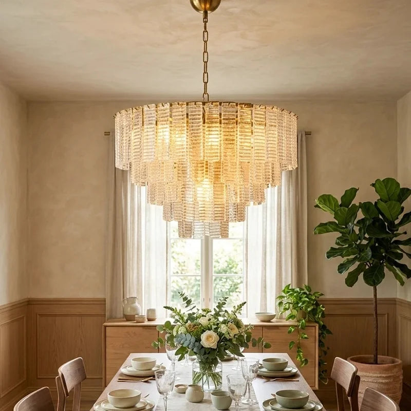 Ribbed glass chandelier with a layered circular silhouette