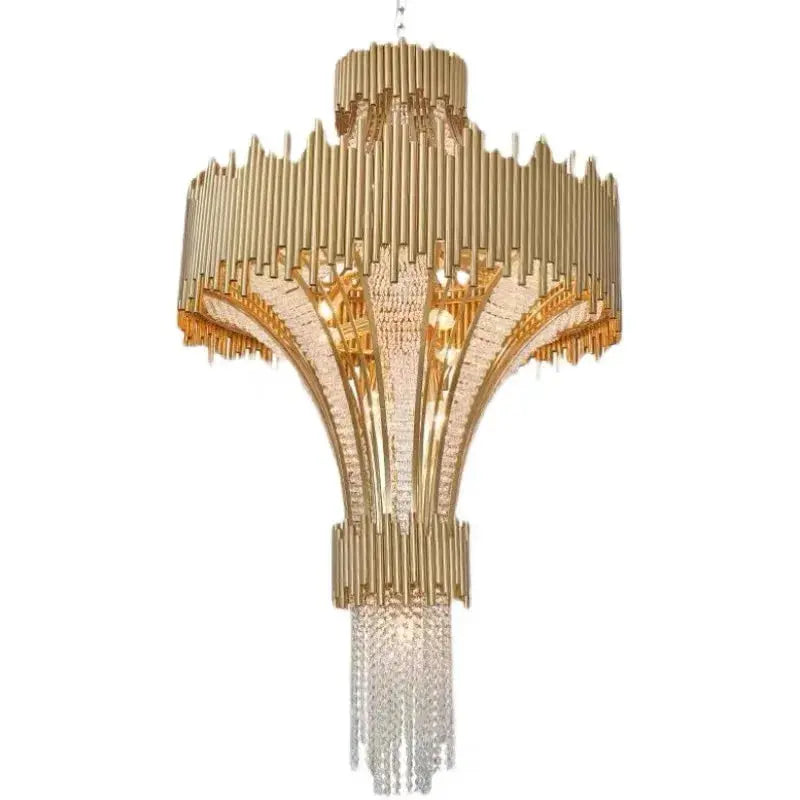 Gold chandelier with crystal accents on a white background