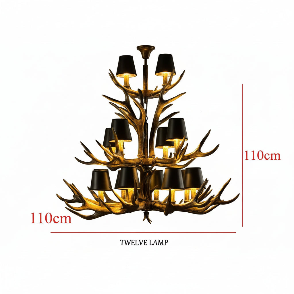 Chandelier with antler design and black lampshades, labeled '110cm' on a white background.