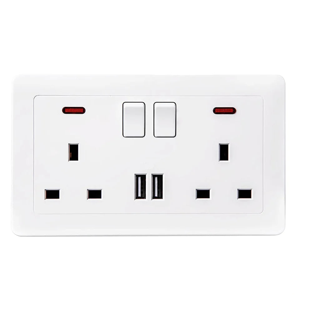 Dual-Wall Plug Socket 3A with 2 USB Charging Ports and Flat Plate - UK Standard