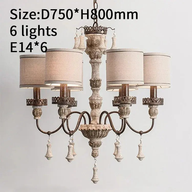 Retro Wood Chandelier With Fabric Shade